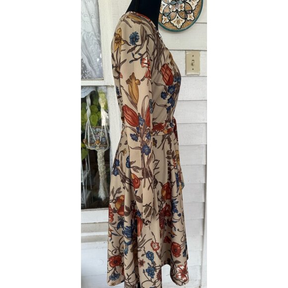 Vintage 70's Sears MOD Big Floral Belted Dress Beige Blue Size 10 - Picture 3 of 12